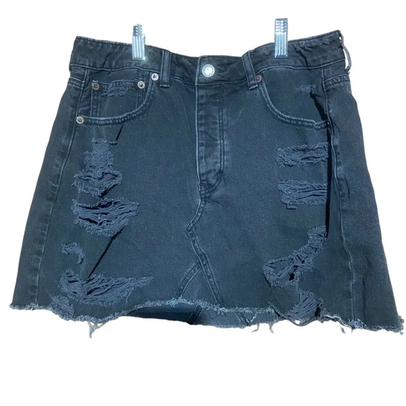 American Eagle Black High Rise Buttom Up Distressed Mini Skirt Size 12 - Picture 1 of 8